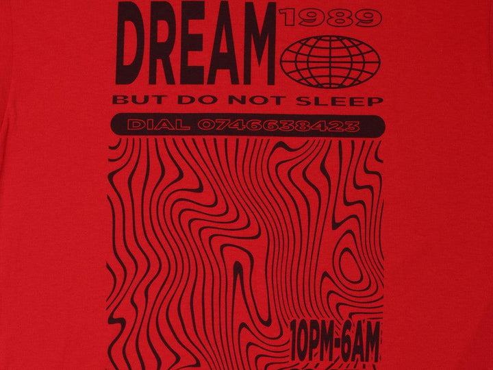 Red Short Sleeved T-shirt With Dream Globe Rave Flyer Graphic-4