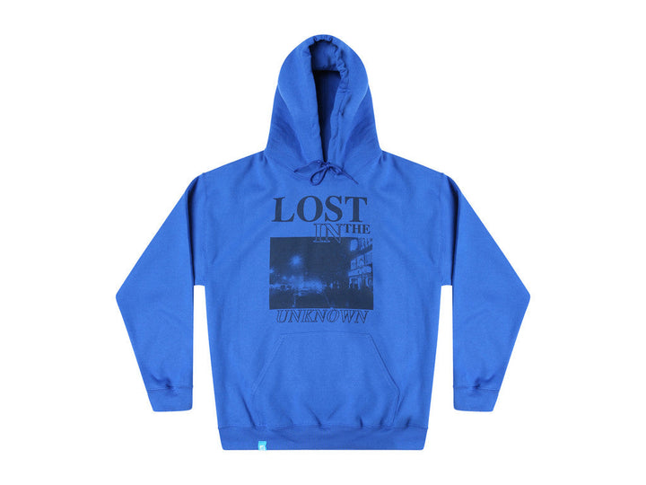 Royal Blue Hoodie With Printed 'Lost In The Unknown' Design by Dreambutdonotsleep