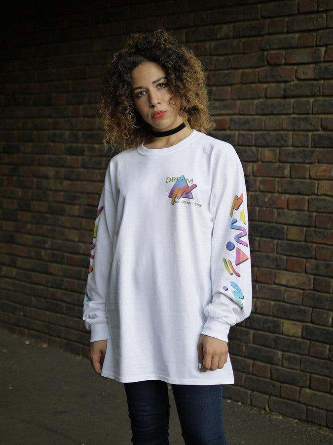 Colourful 90s Gradient Design On White Long Sleeved T-shirt by Dreambutdonotsleep