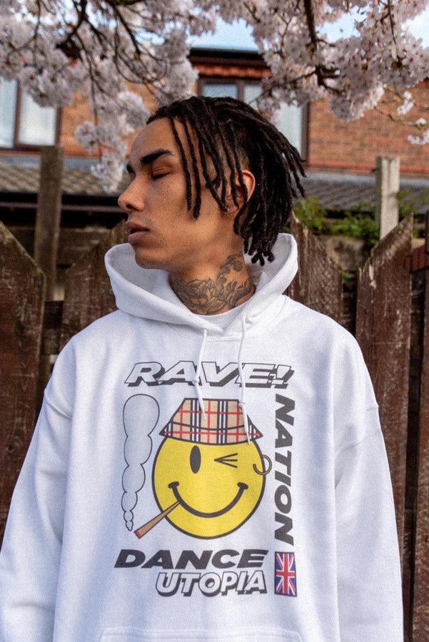 Heavyweight Hoodie in White With Rave Nation Print by Dreambutdonotsleep