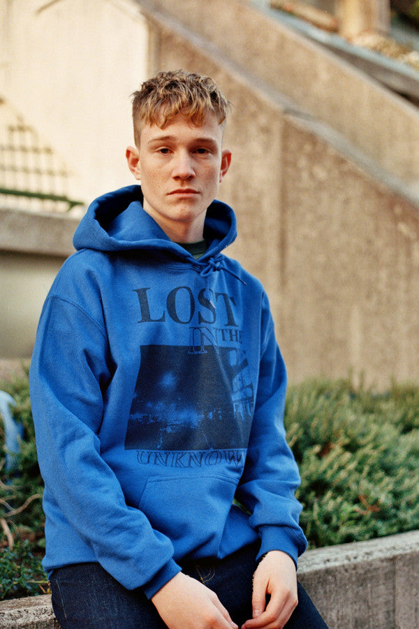 Royal Blue Hoodie With Printed 'Lost In The Unknown' Design by Dreambutdonotsleep