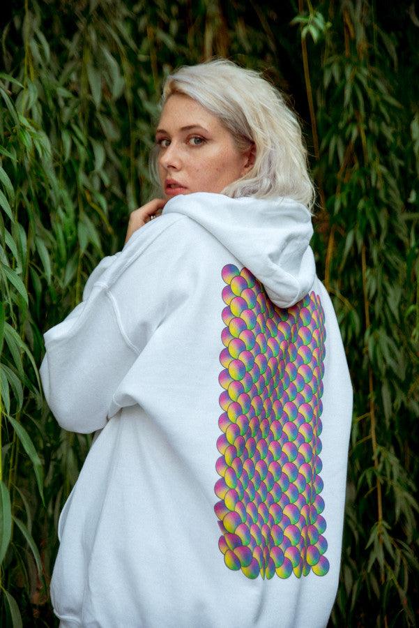 Hoodie in White with Geometric Bubble Logo Print by Dreambutdonotsleep