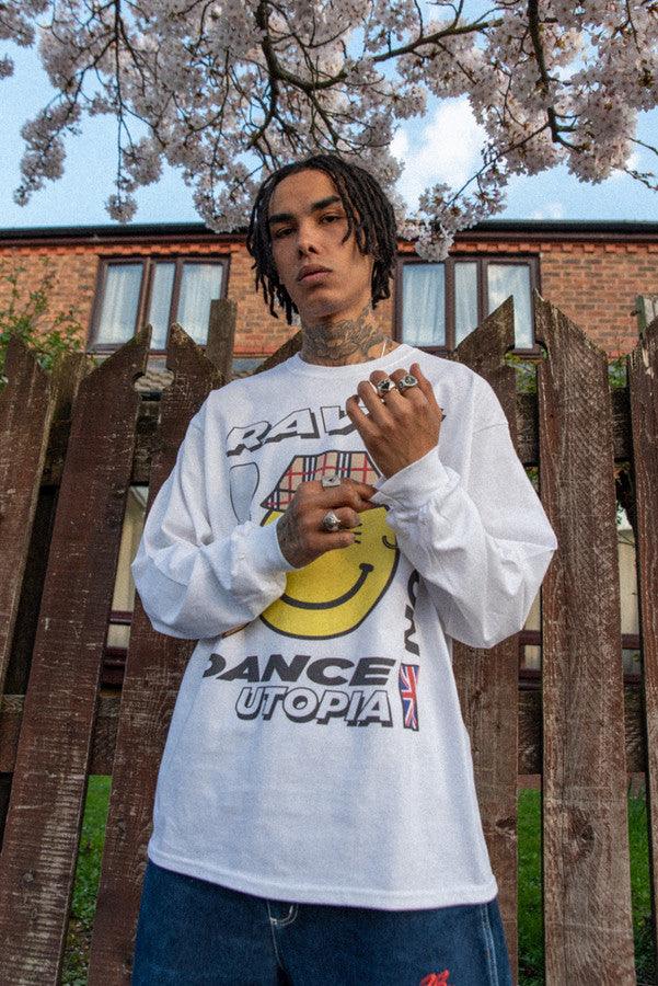 Long Sleeved T-Shirt in White With Rave Nation Print by Dreambutdonotsleep