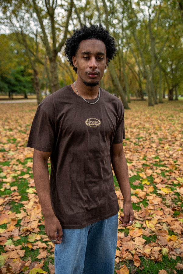 Short Sleeved T-Shirt in Dark Chocolate Brown With Oval Logo Embroidery by Dreambutdonotsleep