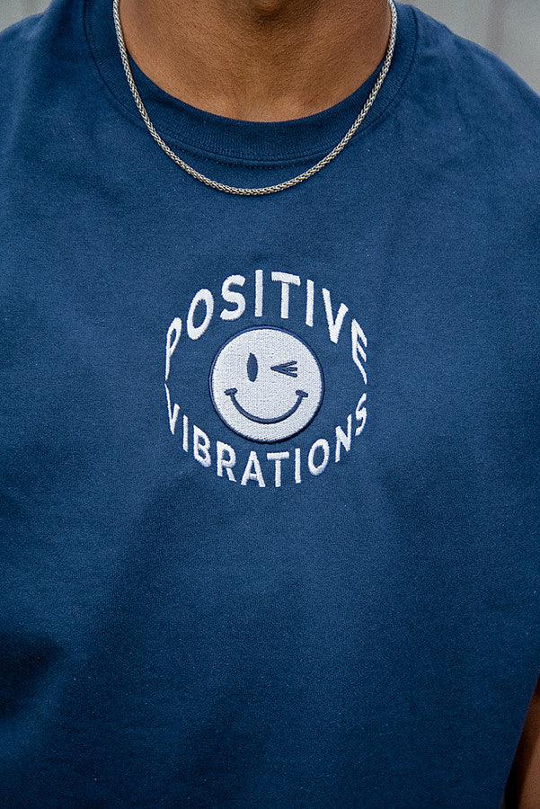 T-Shirt in Navy 90s Rave Smiley Positive Vibrations Embroidery by Dreambutdonotsleep