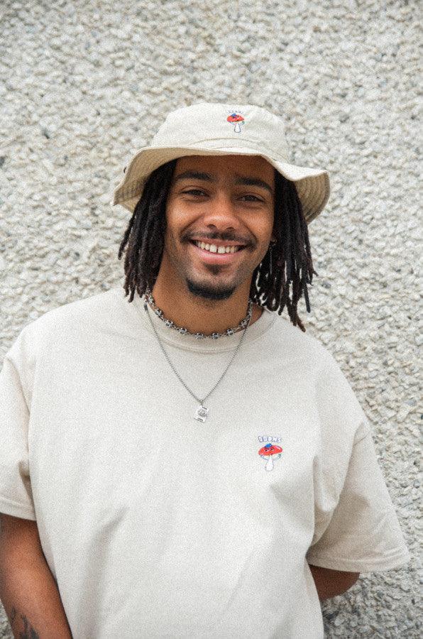 Bucket Hat In Sand With Embroidered Bro Shroom by Dreambutdonotsleep