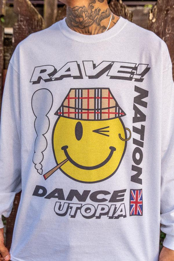 Long Sleeved T-Shirt in White With Rave Nation Print by Dreambutdonotsleep