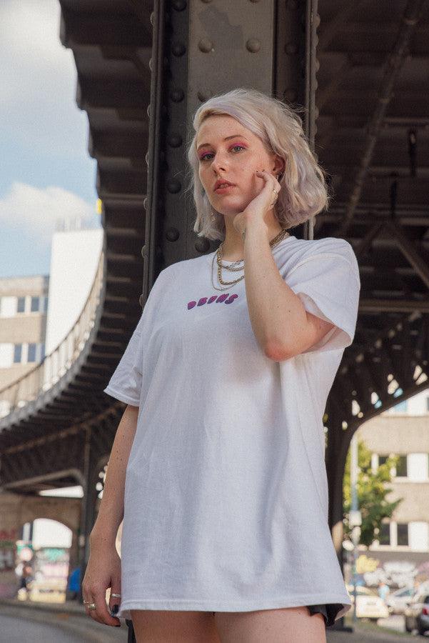 Tshirt in White with Grape Bubble Logo Print by Dreambutdonotsleep