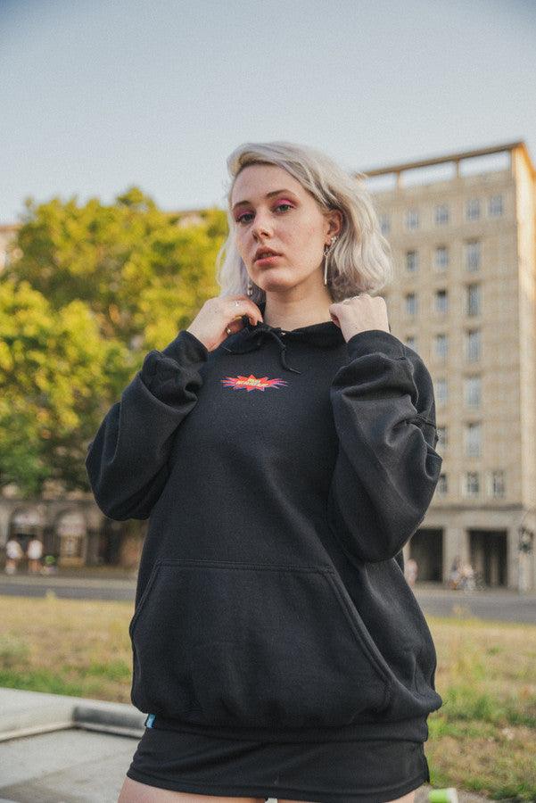 Black Hoodie With POW! Embroidered Logo by Dreambutdonotsleep