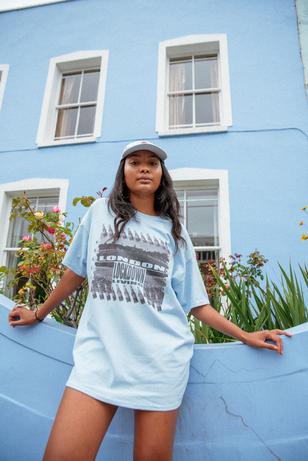 Short Sleeve Tshirt in Light Blue with London Lockdown Print by Dreambutdonotsleep