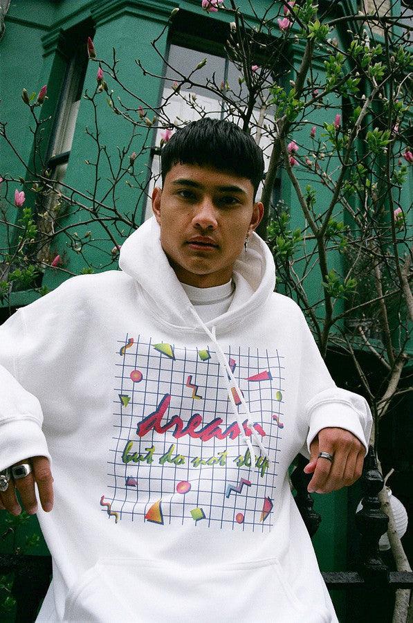 90s Grid Design Printed On A White Cotton Hoodie-1