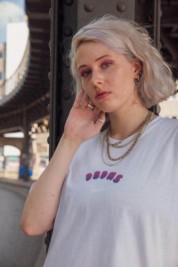 Tshirt in White with Grape Bubble Logo Print by Dreambutdonotsleep