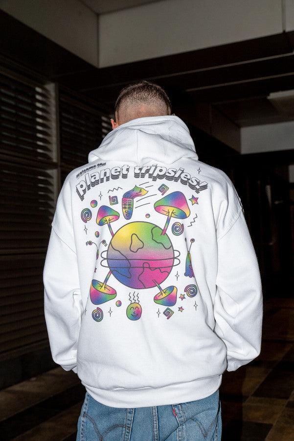 Heavyweight Hoodie in White with Planet Tripsies Print by Dreambutdonotsleep