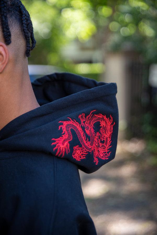 Black Hoodie With Red Dragon Embroidery by Dreambutdonotsleep