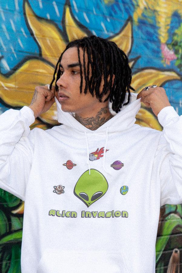 Heavyweight Hoodie in White With Alien Invasion Print by Dreambutdonotsleep