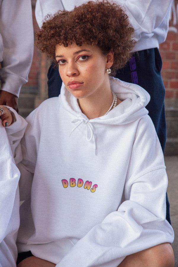 Hoodie in White with Watermelon Bubble Logo Print by Dreambutdonotsleep