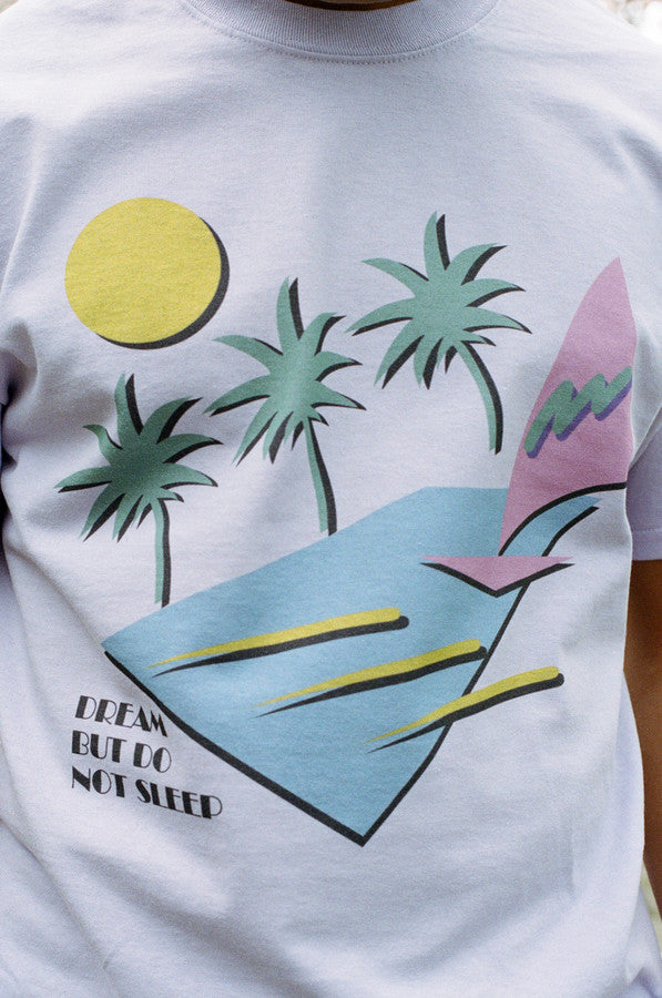 Short Sleeved T-shirt In Light Purple With 80s California Palm Print by Dreambutdonotsleep