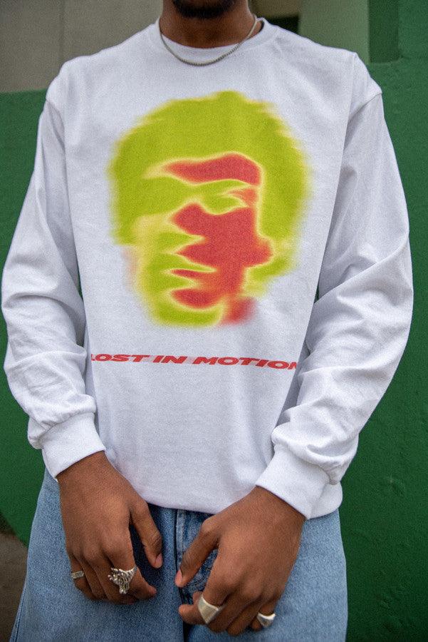 Long Sleeved T-Shirt in White With Lost In Motion Infrared Print by Dreambutdonotsleep