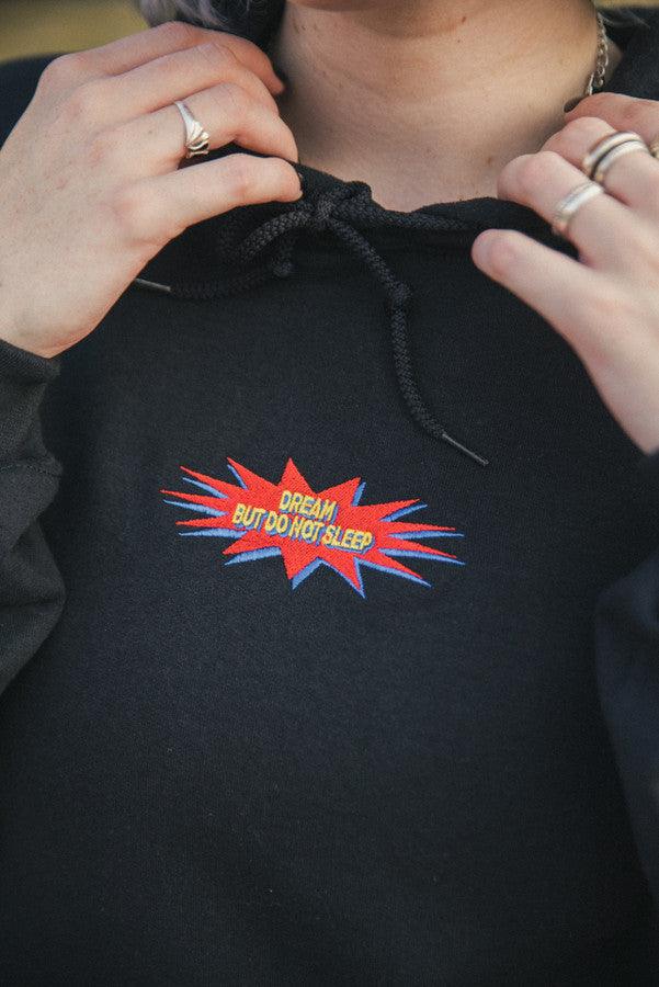 Black Hoodie With POW! Embroidered Logo by Dreambutdonotsleep