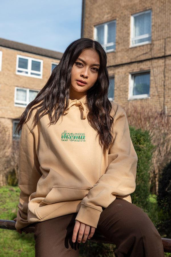 Hoodie in Tan with Three Type Logo Embroidery by Dreambutdonotsleep