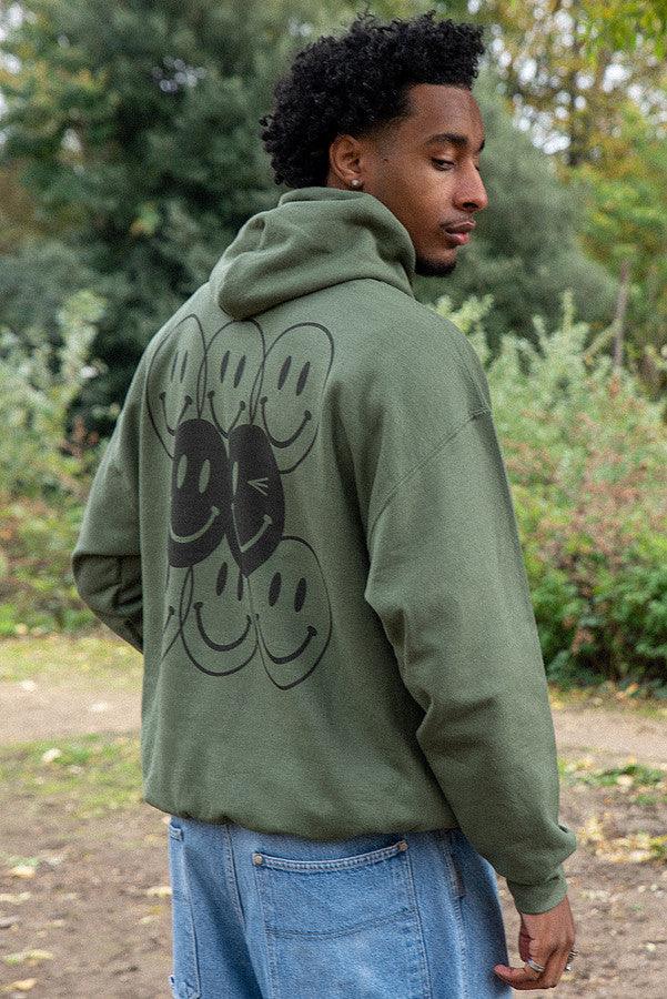 Hoodie in Military Green with 90s Rave Smiley Print by Dreambutdonotsleep