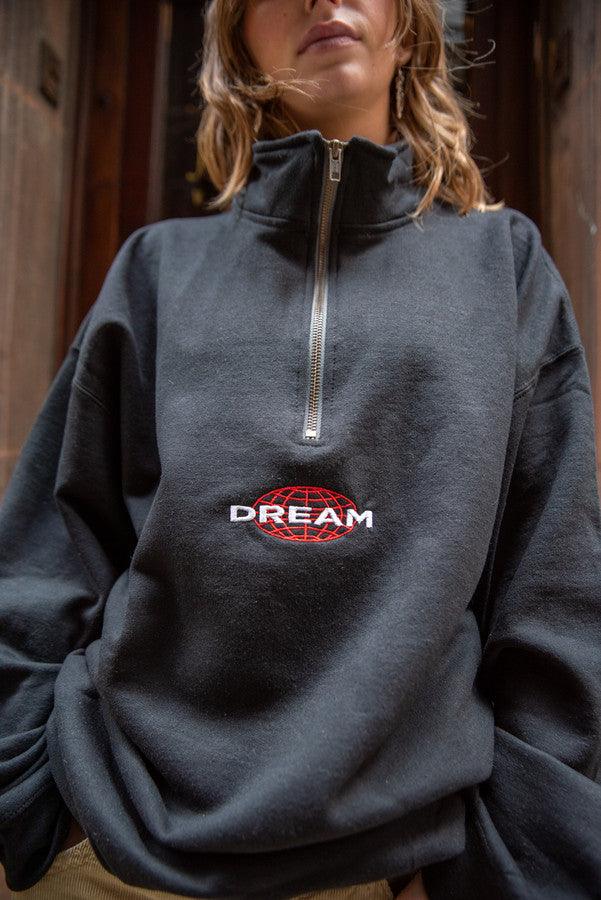 1-4 Zip Sweatshirt In Black With Dream Globe Embroidery by Dreambutdonotsleep