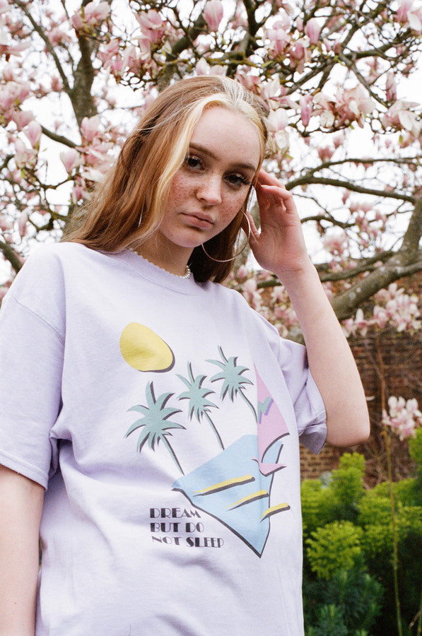 Short Sleeved T-shirt In Light Purple With 80s California Palm Print by Dreambutdonotsleep