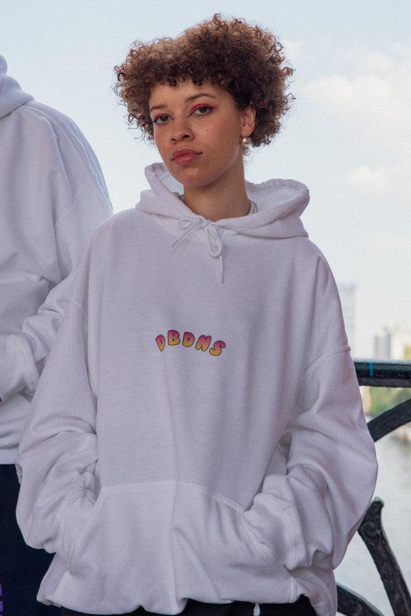 Hoodie in White with Watermelon Bubble Logo Print by Dreambutdonotsleep