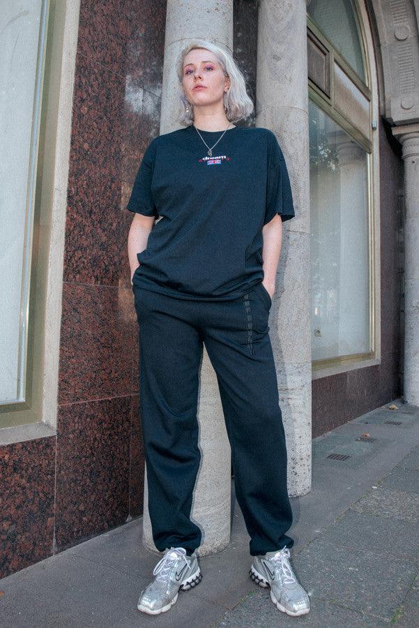 Joggers in Black with Embroidered Logo Design by Dreambutdonotsleep