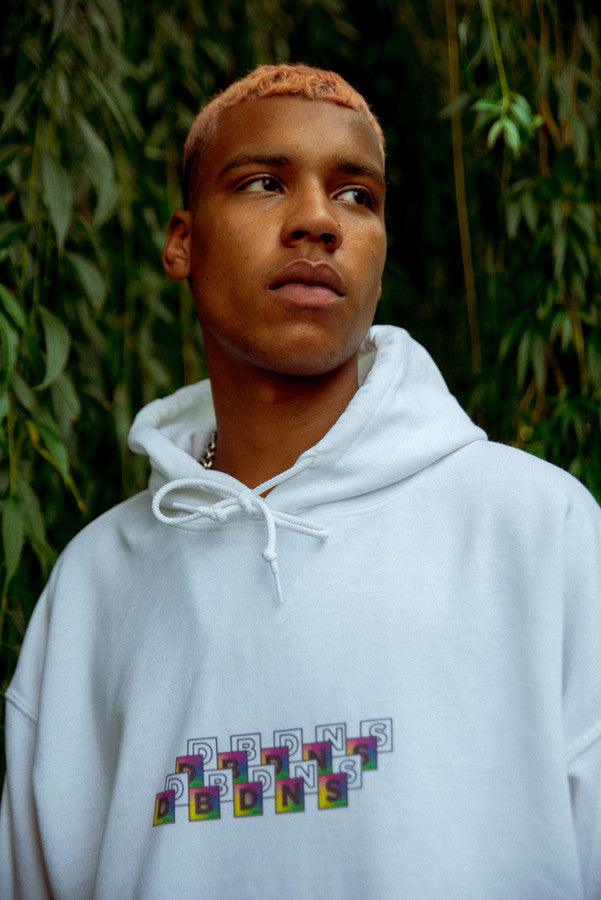 Hoodie in White with Square Geometric Logo Print by Dreambutdonotsleep