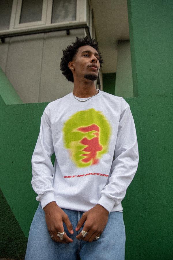 Long Sleeved T-Shirt in White With Lost In Motion Infrared Print by Dreambutdonotsleep