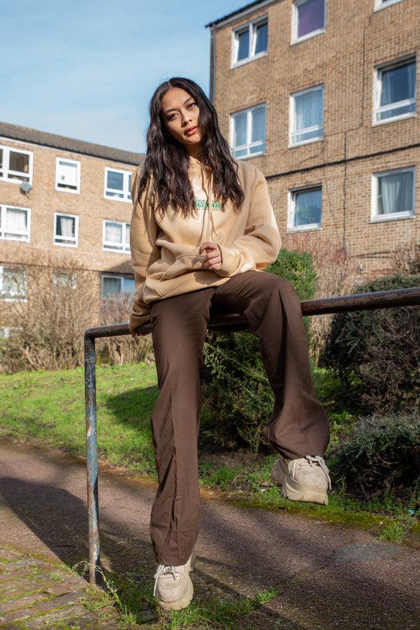 Hoodie in Tan with Three Type Logo Embroidery by Dreambutdonotsleep