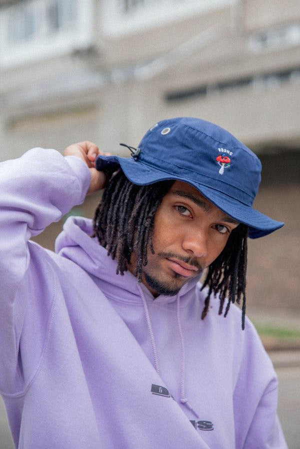 Bucket Hat In Navy With Embroidered Bro Shroom by Dreambutdonotsleep