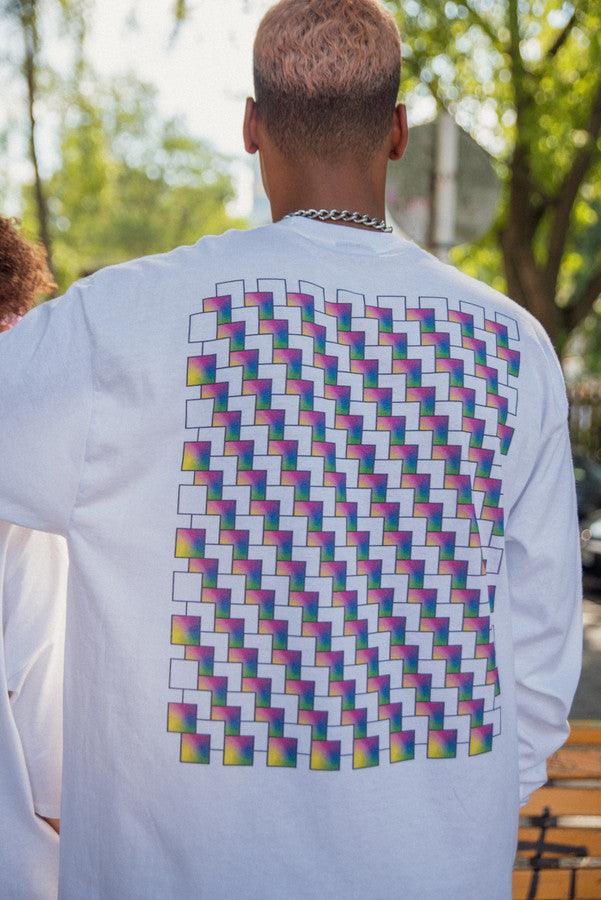 Long Sleeve Tshirt in White with Square Geometric Logo Print by Dreambutdonotsleep