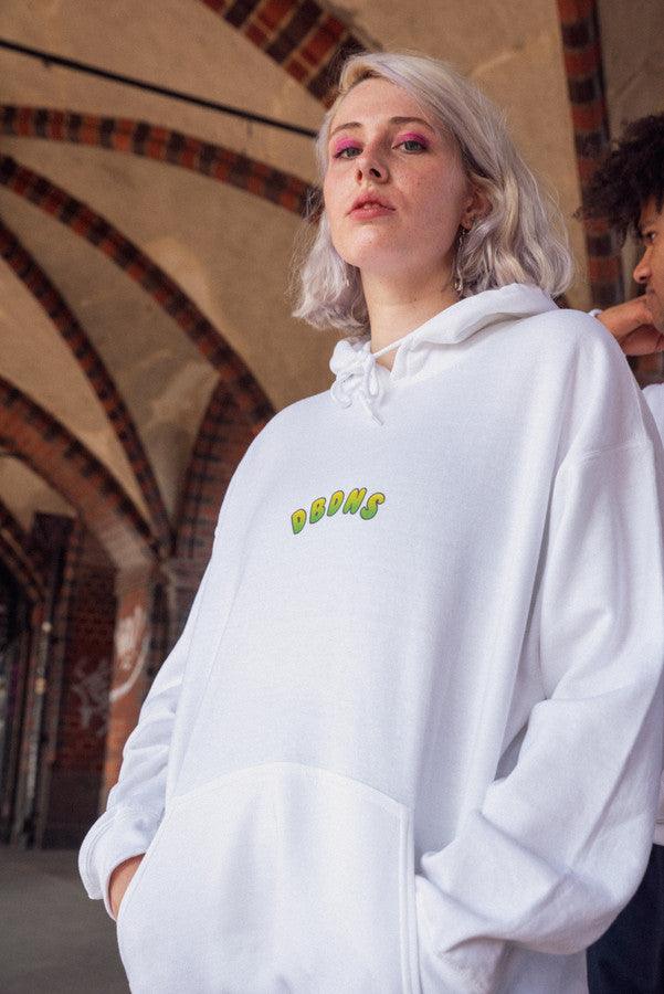 Hoodie in White with Apple Bubble Logo Print by Dreambutdonotsleep