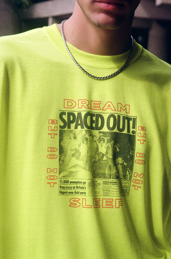 Safety Green Long Sleeved T-shirt With Spaced Out! Design by Dreambutdonotsleep