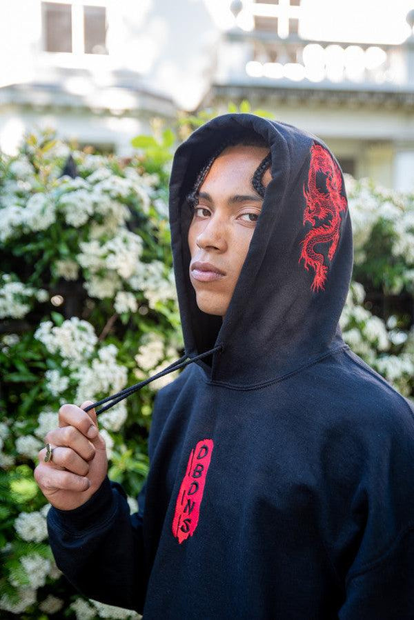 Black Hoodie With Red Dragon Embroidery by Dreambutdonotsleep