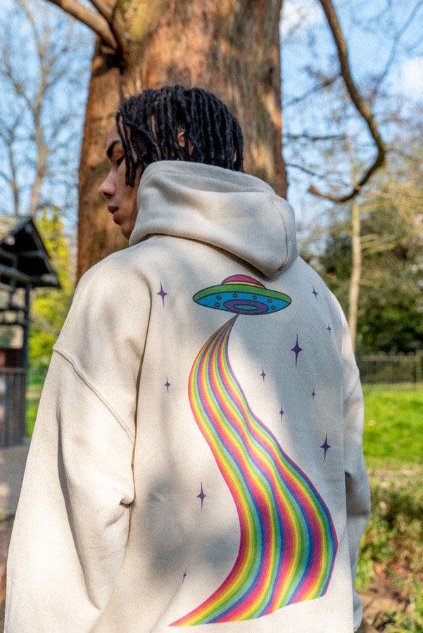 Hoodie In Sand With Trippy Alien Invasion Print by Dreambutdonotsleep