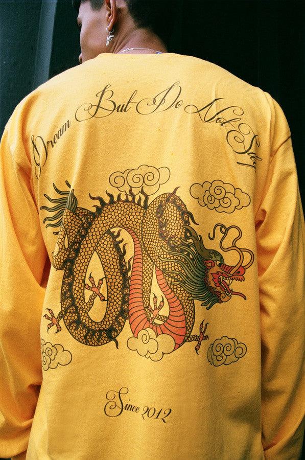 Chinese Dragon Design On Gold Long Sleeved T-shirt by Dreambutdonotsleep