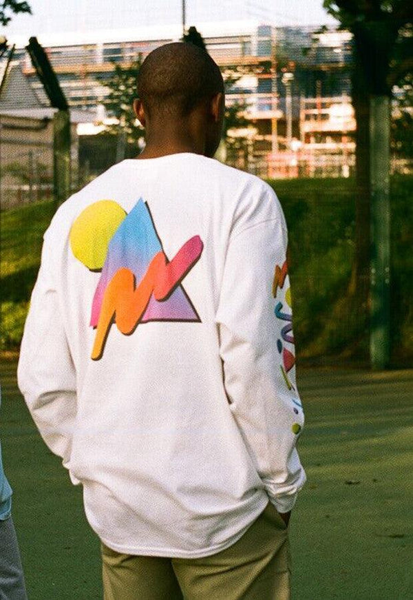 Colourful 90s Gradient Design On White Long Sleeved T-shirt by Dreambutdonotsleep