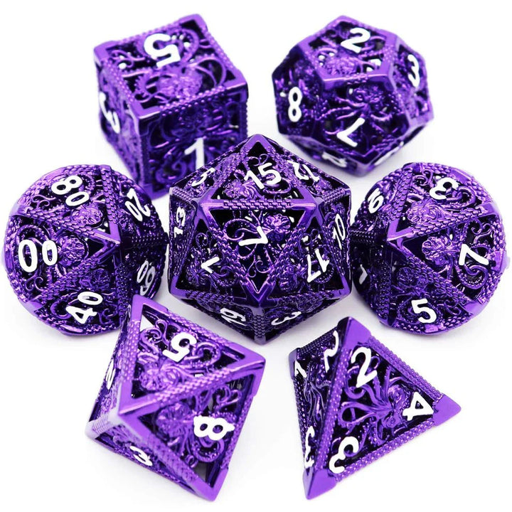 Kraken: Hollow Metal Dice Set, Purple White Numbers by Haxtec