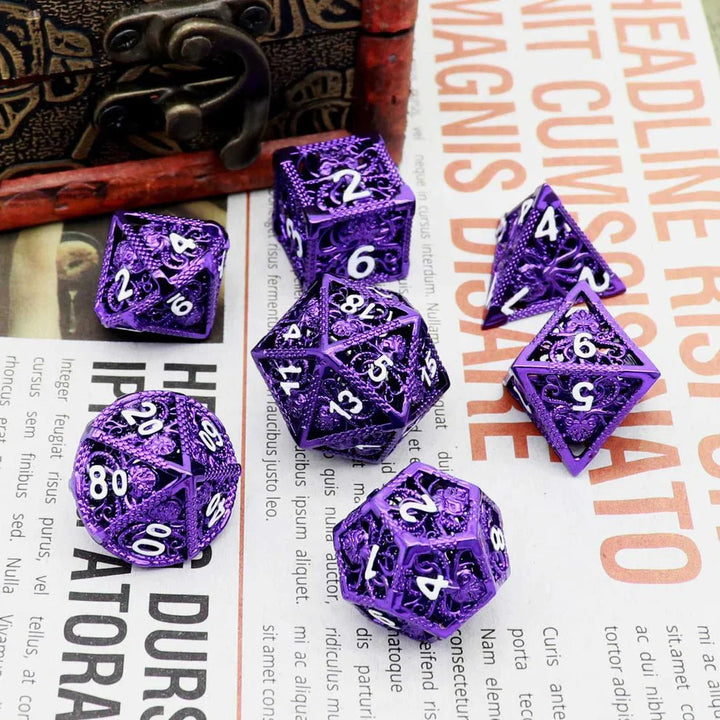 Kraken: Hollow Metal Dice Set, Purple White Numbers by Haxtec