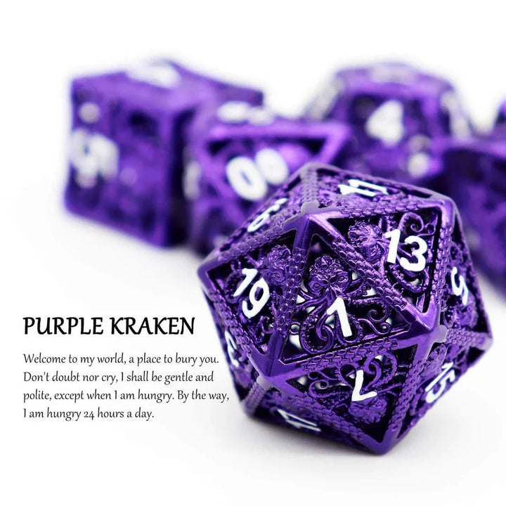 Kraken: Hollow Metal Dice Set, Purple White Numbers by Haxtec