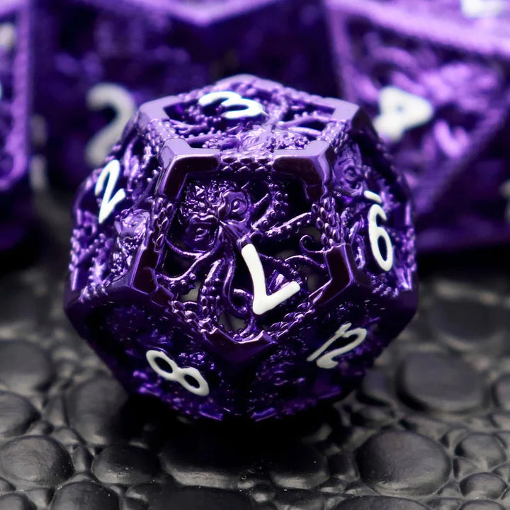 Kraken: Hollow Metal Dice Set, Purple White Numbers by Haxtec