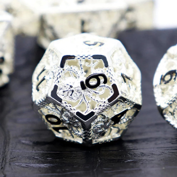 Kraken: Hollow Metal Dice Set, Silver Black Numbers by Haxtec