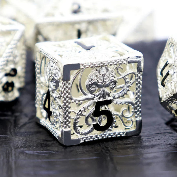 Kraken: Hollow Metal Dice Set, Silver Black Numbers by Haxtec