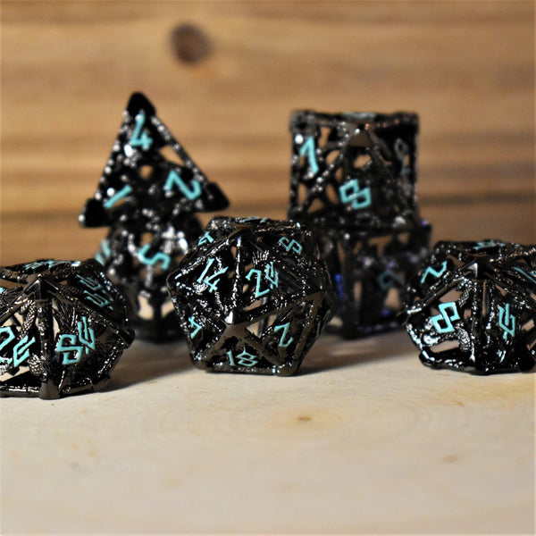 Legends of Valhalla - Black and Blue Hollow Metal Dice Set by Misty Mountain Gaming