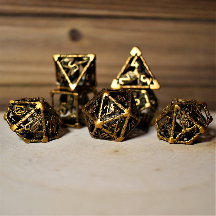 Legends of Valhalla - Golden Brass Hollow Metal Dice Set by Misty Mountain Gaming