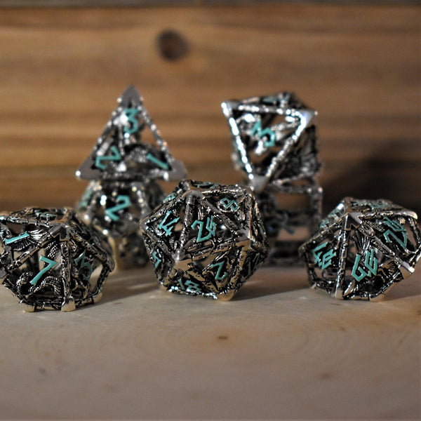 Legends of Valhalla - Silver and Blue Hollow Metal Dice Set by Misty Mountain Gaming