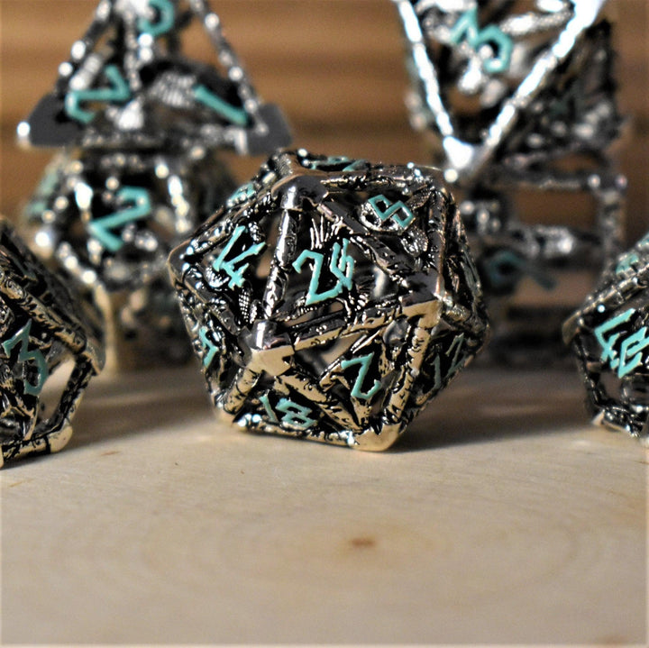 Legends of Valhalla - Silver and Blue Hollow Metal Dice Set by Misty Mountain Gaming